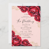 Invitation Rose aquarelle Mariage rouge or (Devant)