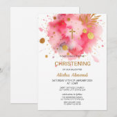 Invitation Rose aquarelle or BAPTÊME (Devant / Derrière)