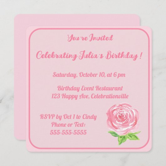 Invitation Rose aquarelle peinte à la main JOYEUX ANNIVERSAIR (Devant / Derrière)