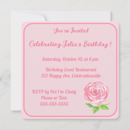 Invitation Rose aquarelle peinte à la main JOYEUX ANNIVERSAIR (Devant)