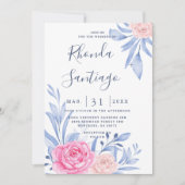 Invitation Rose Aquarelle rose Cloudy Bleu Feuille Mariage en (Devant)
