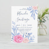 Invitation Rose Aquarelle rose Cloudy Bleu Feuille Mariage en (Debout devant)