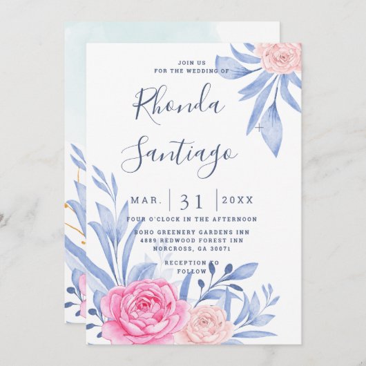 Invitation Rose Aquarelle rose Cloudy Bleu Feuille Mariage en (Devant / Derrière)