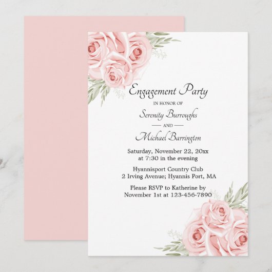 Invitation Rose Aquarelle rose Floral Engagement Party Invi (Devant / Derrière)
