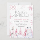 Invitation Rose Argent Animaux Hiver Onederland Anniversaire (Devant)