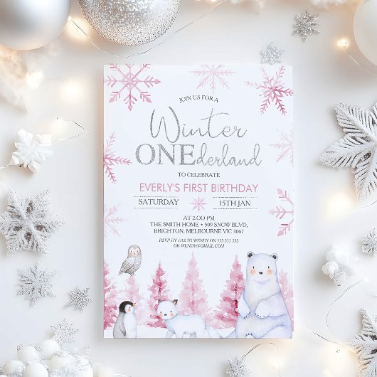 Invitation Rose Argent Animaux Hiver Onederland Anniversaire