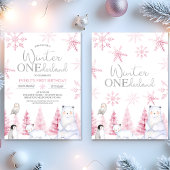 Invitation Rose Argent Animaux Hiver Onederland Anniversaire