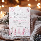 Invitation Rose Argent Animaux Hiver Onederland Anniversaire