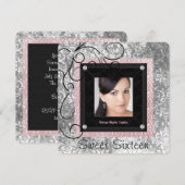 Invitation Rose argent et noir Damask Sweet 16 (Devant / Derrière)