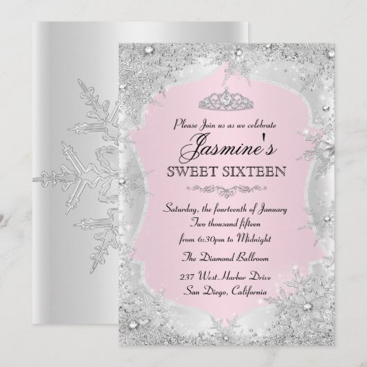 Invitation Rose Argent Flocon de Neige Sweet 16 (Devant / Derrière)