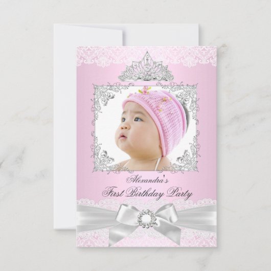 Invitation rose & Argent Princesse Fille Premier anniversaire (Devant)
