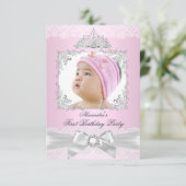 Invitation rose & Argent Princesse Fille Premier anniversaire (Debout devant)