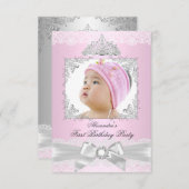 Invitation rose & Argent Princesse Fille Premier anniversaire (Devant / Derrière)