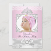 Invitation rose & Argent Princesse Fille Premier anniversaire (Devant)