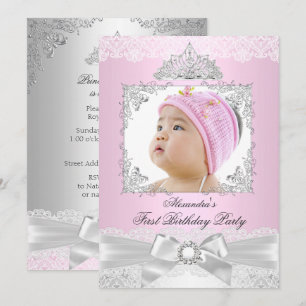 Invitation rose & Argent Princesse Fille Premier anniversaire