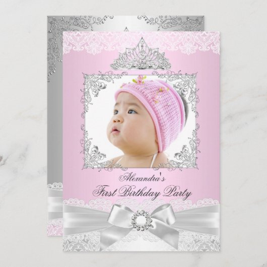 Invitation rose & Argent Princesse Fille Premier anniversaire (Devant / Derrière)