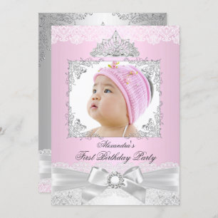Invitation rose & Argent Princesse Fille Premier anniversaire