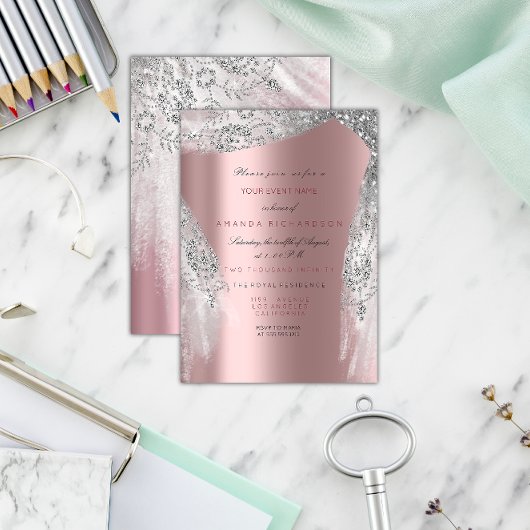 Invitation Rose argentée de mariage pour 16 ans rose sparklin