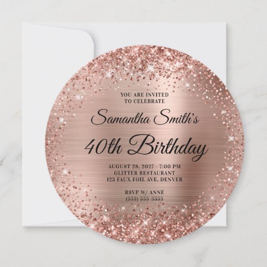 Invitation Rose arrondi Parties scintillant or Monogramme 40e (Devant)