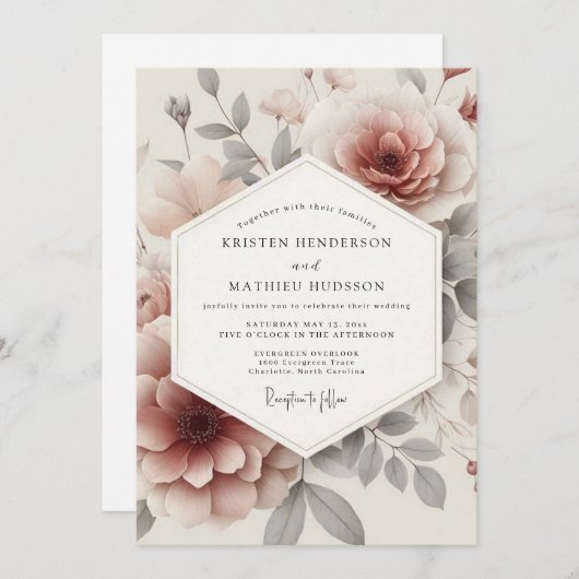 Invitation Rose Ash Ethereal Bloom Wedding (Devant / Derrière)