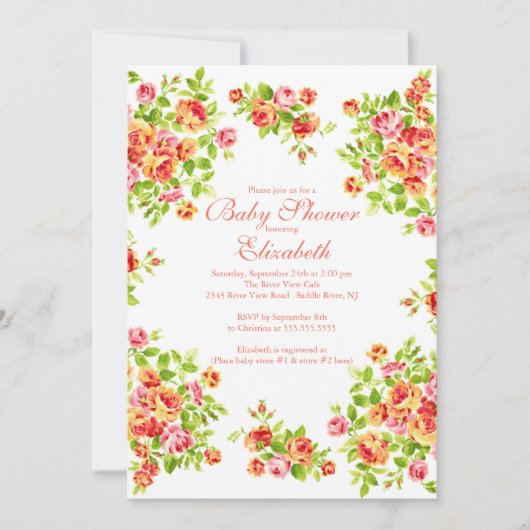 Invitation Rose assez rose BabyShower floral de pêche (Devant)