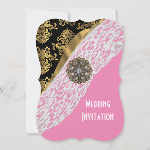 Invitation Rose avec or en dentelle blanche mariage damassé