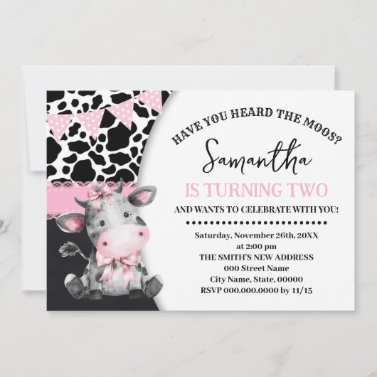 Invitation Rose Avez-vous entendu la vache Moos 2e anniversai (Devant)