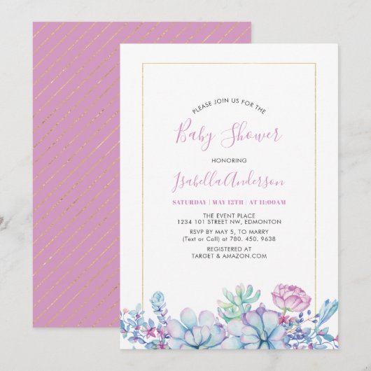 Invitation Rose | Baby shower d'été Tropical Succulents (Devant / Derrière)