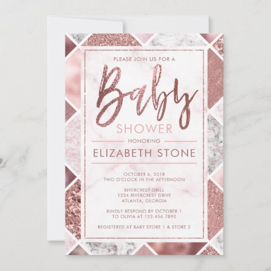 Invitation rose Baby shower d'or (Devant)