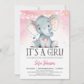 Invitation rose Baby shower Eléphant fille (Devant)