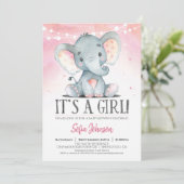Invitation rose Baby shower Eléphant fille (Debout devant)