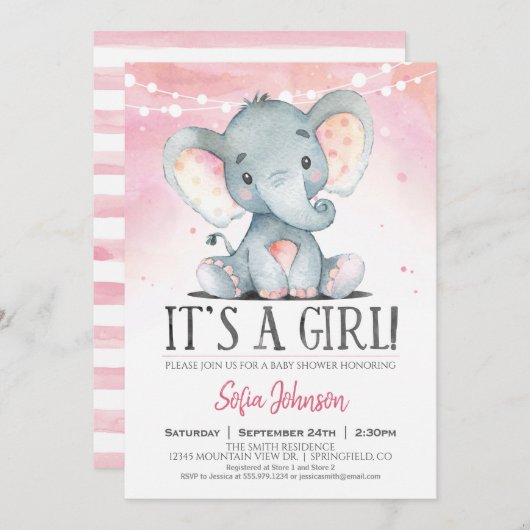 Invitation rose Baby shower Eléphant fille (Devant / Derrière)