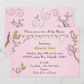 Invitation rose baby shower "Oiseaux d'or" (Devant / Derrière)