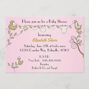 Invitation rose baby shower "Oiseaux d'or"