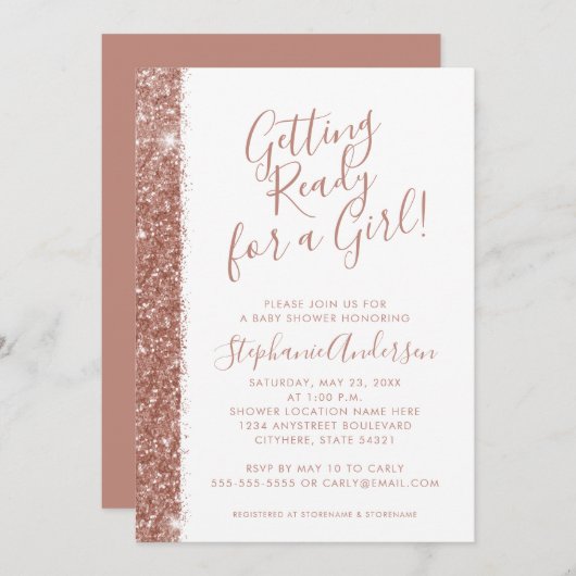 Invitation Rose Baby shower or rose Parties scintillant moder (Devant / Derrière)