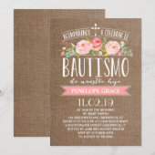 Invitation Rose Banner Burlap | Bautismo espagnol (Devant / Derrière)