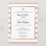 Invitation Rose bat mitzvah Gold et White<br><div class="desc">Avec de l'or rose classique et de l'arrière - plan rayé blanc,  cette élégante invitation Bat mitzvah présente une élégante bordure en feuille d'or faux encadrant vos détails dans une typographie chic. Conçu par Thisisnotme©</div>