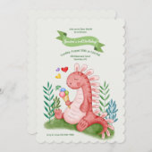 Invitation Rose Bébé Dino (Devant / Derrière)