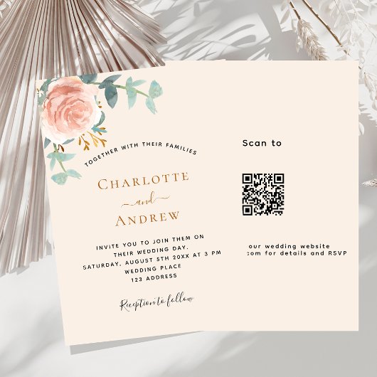 Invitation Rose beige or floral QR code RSVP mariage