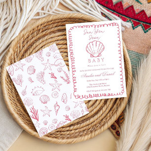 Invitation Rose Bientôt Vue Main Dessinée Océan Coquillage Bé