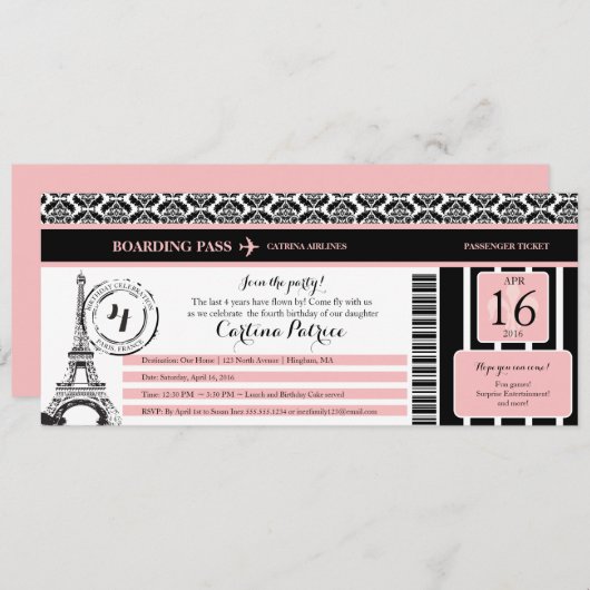 Invitation Rose Black Damask Paris Anniversaire Pass Embarque (Devant / Derrière)