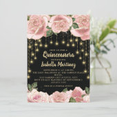 Invitation Rose Black Gold String Light Star Quinceañera (Debout devant)