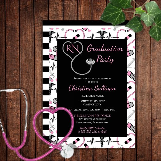 Invitation Rose | Black Médicale Nurse Graduation Party