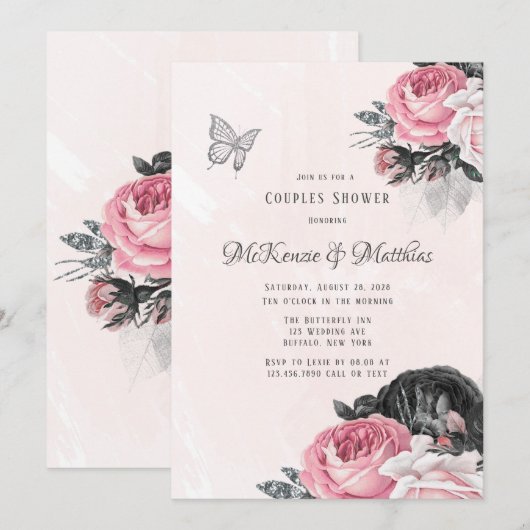 Invitation Rose Black Peony Argent Couples Papillon Couples D (Devant / Derrière)