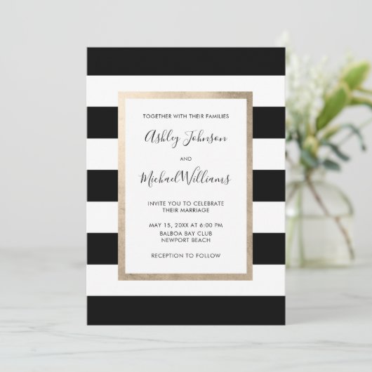 Invitation Rose Black White Stripe Script photo or  (Debout devant)