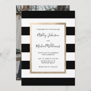 Invitation Rose Black White Stripe Script photo or