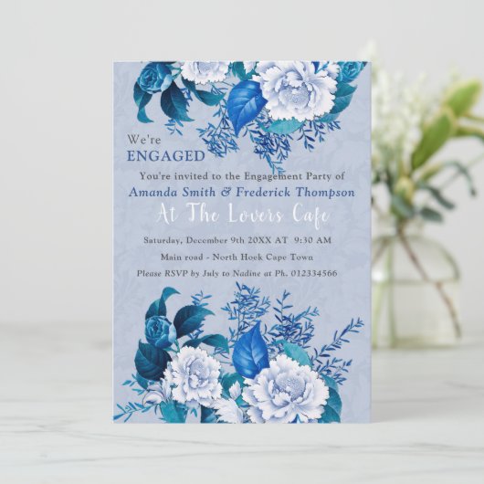 Invitation Rose blanc / bleu Fleurs design (Debout devant)