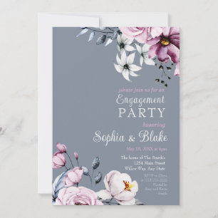 Invitation Rose, Blanc & Bleu Floral Soirée de Fiançailles