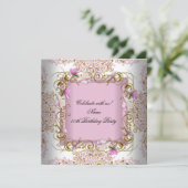 Invitation Rose Blanc Damask Or Fleurs Anniversaire (Debout devant)