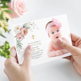 Invitation Rose blanc Dusty Floral Photo Girl Baptême